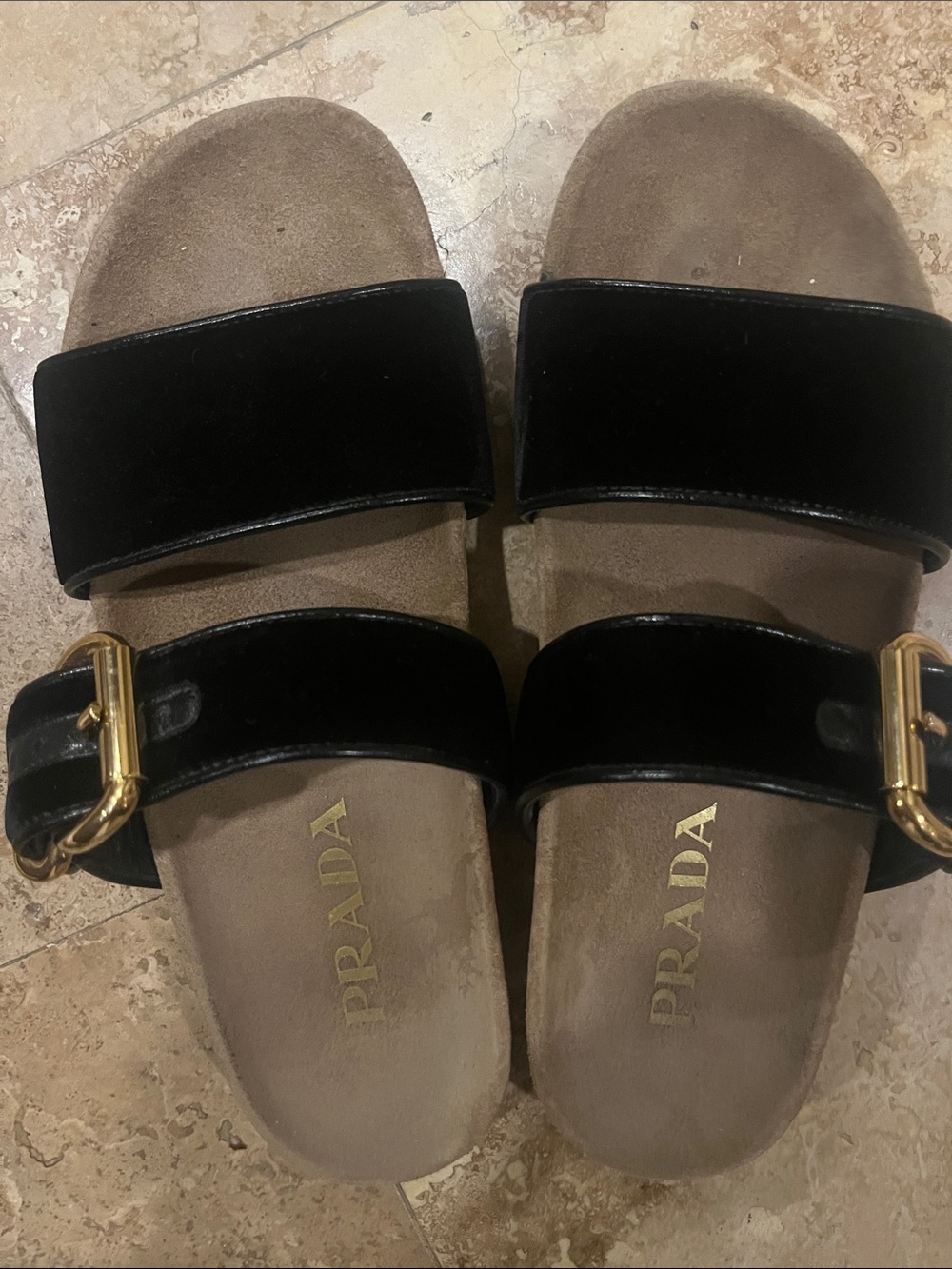 Prada Black Velvet Double Strap Slide Sandals with Gold Buckles 37.5